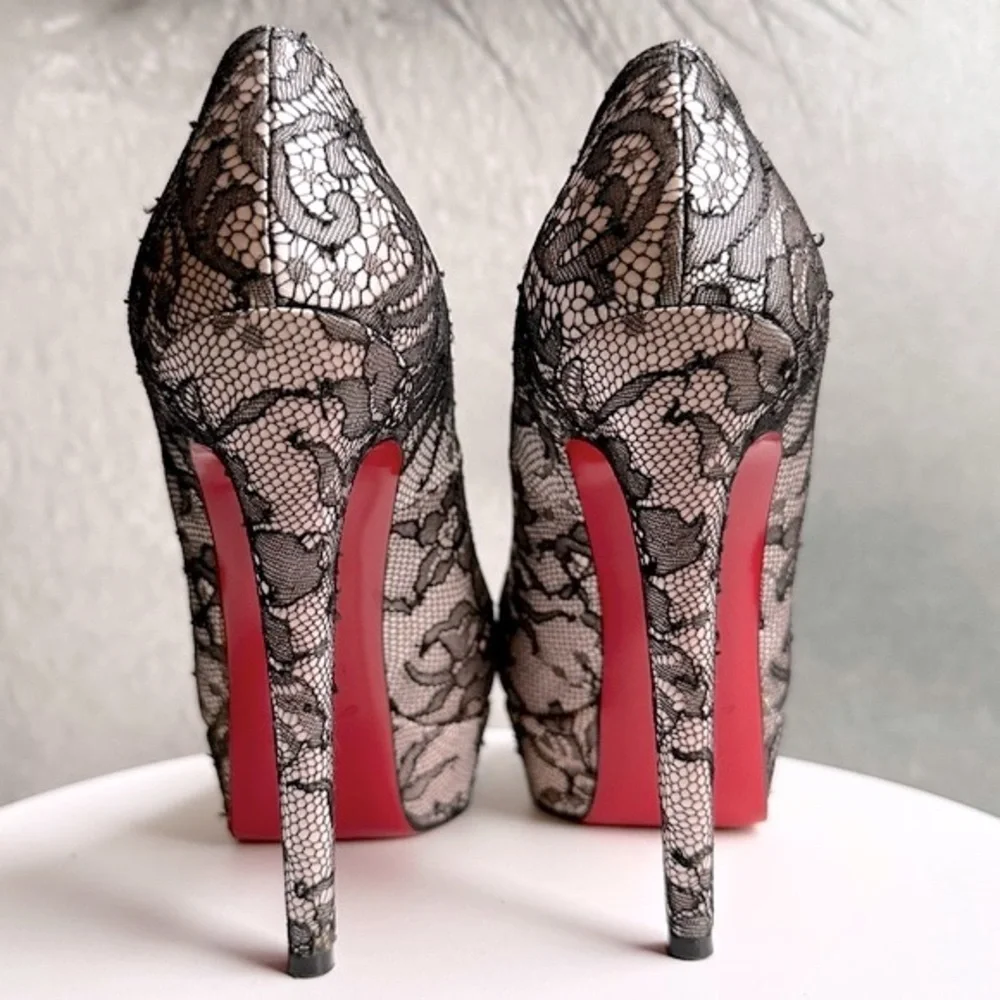 🌺CHRISTIAN LOUBOUTIN 👠 Pink Satin And Black Lace Platform Pump Size: 35.5 - Picture 8 of 13